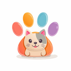 Cute cat with colorful paw print illustration.