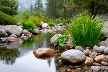 Calm river flowing through a rocky forest creating reflections