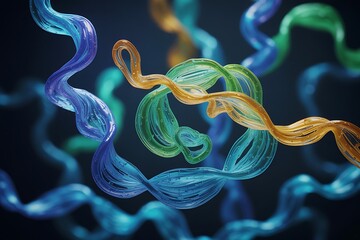 Abstract swirling strands of translucent blue, green, and gold ribbons with internal circuitry patterns