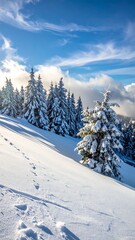 Obraz premium Snowy slope with frosted trees under a bright, partly cloudy sky