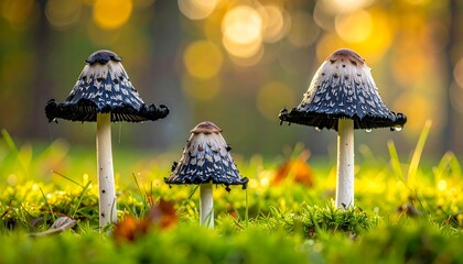 Three textured fungi stand amidst verdant grass, bokeh background