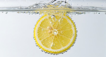 Refreshing lemon slice suspended in sparkling water with effervescent bubbles