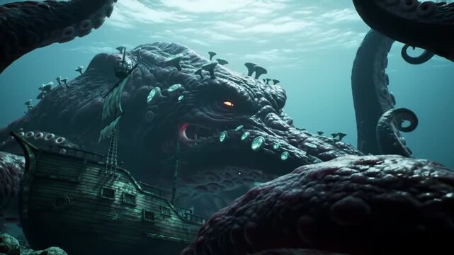 Giant Kraken Wrapping Its Tentacles Around an Ancient Sunken Ship