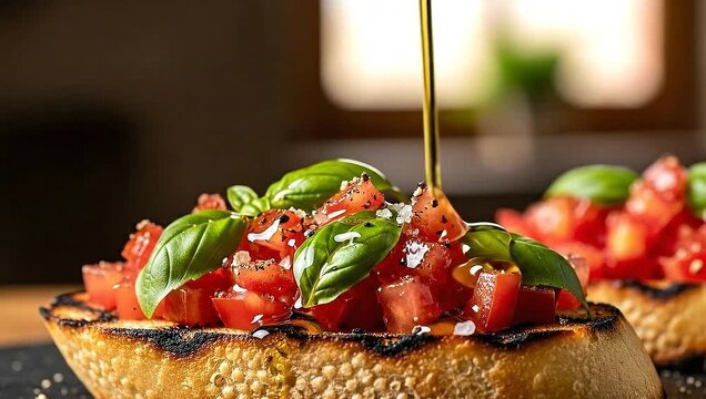 Close-up shot of bruschetta with olive oil being drizzled. Fresh tomatoes and basil. Dark background