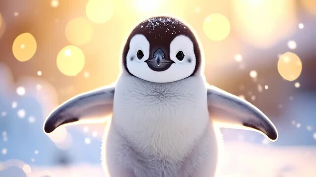 Adorable baby penguin standing on snow with open wings, bokeh lights in background, cute animal.