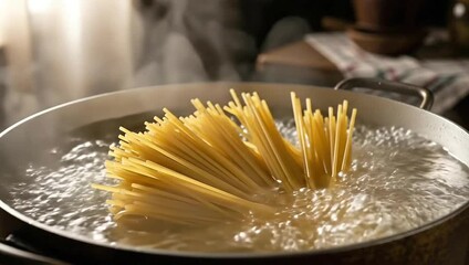 A close-up shot of spaghetti being cooked in boiling water inside a silver pot with steam - Powered by Adobe