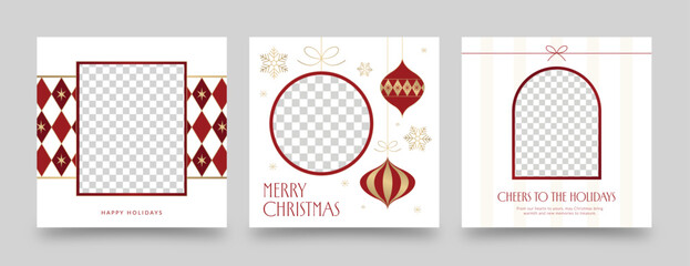 Luxury Christmas Social Media Post Templates with Photo Frames and Gold Red Ornaments – Elegant Holiday Square Banners