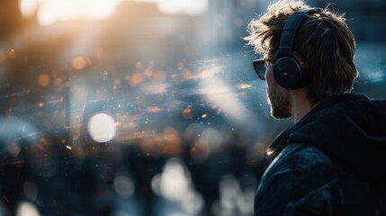Fototapeta premium Futuristic Person with Headphones in Urban Setting at Sunset