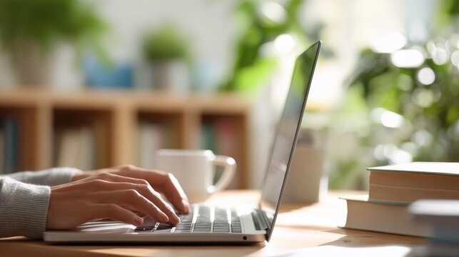 E-learning student engaged in online research at home workspace natural light environment focused study session