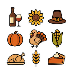 Thanksgiving Icon Set in Flat Cartoon Vector Style
