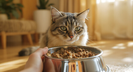 Tabby cat with green eyes looking at stainless steel bowl of dry cat food indoors