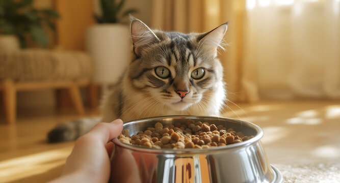 Tabby cat with green eyes looking at stainless steel bowl of dry cat food indoors