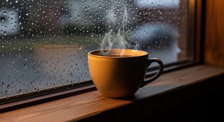 A calming scene showcasing a hot beverage on a windowsill during a rainy weather