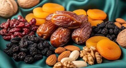 An Assortment of Dried Fruits and Nuts on a Silky Emerald Cloth, Perfect for Snacking