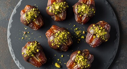 Artisanal chocolate dipped dates adorned with pistachio sprinkles on slate serving board