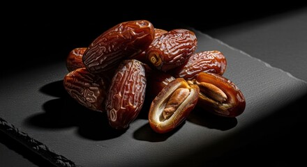 Captivating still life composition with plump dates arranged on a black stone surface