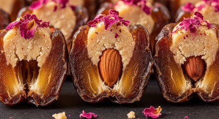 Artistic closeup presenting a row of dates stuffed with almond and cream garnished with rose petals