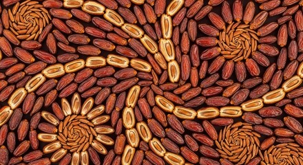 Artistic pattern of dried dates arranged in swirling and linear formations on dark surface
