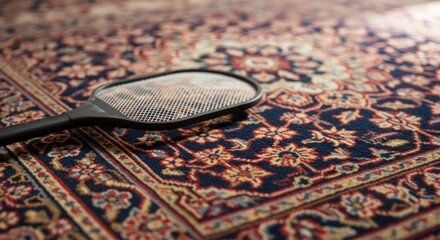 A fly swatter rests on a richly patterned oriental rug adding a whimsical unexpected element to a