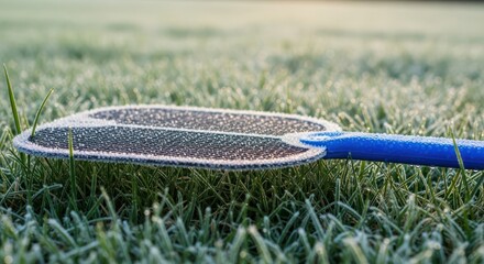 A Flyswatter Covered in Frost Laying in a Frosty Lawn Represents the End of Summer