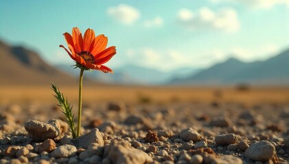 Wilting Flower in Desolate Landscape A Symbol of Loneliness and Exhaustion under Harsh Sunlight