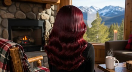 Burgundy hair and the tranquility of a cozy mountain cabin create an elegant ambiance