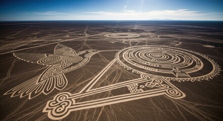 Aerial view of geoglyphs depicting a hummingbird and geometric shapes in a desert landscape