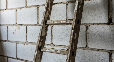Aged wooden ladder propped against a textured concrete block wall creating a rustic aesthetic