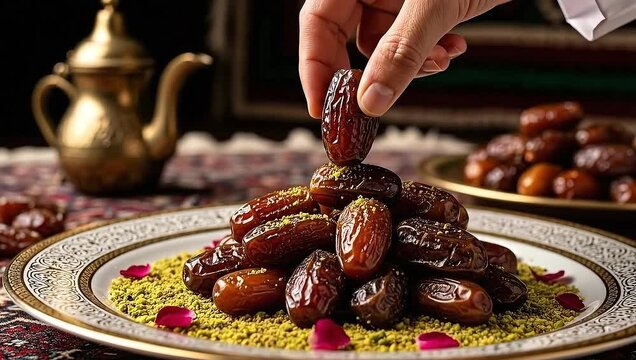 A close-up shot of a plate of dates with pistachios being served, and traditional golden tea pot
