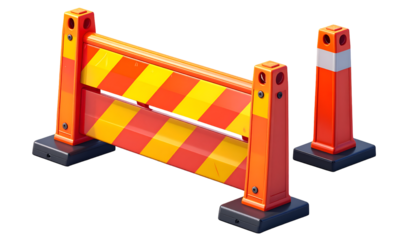 Modern Construction Barrier & Traffic Cone Isolated 3D Render - Road Work Safety, Caution, & Restricted Area Symbol on Black