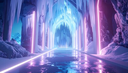 Obraz premium Enchanting Ice Cave with Neon Lights and Frozen Pathways.