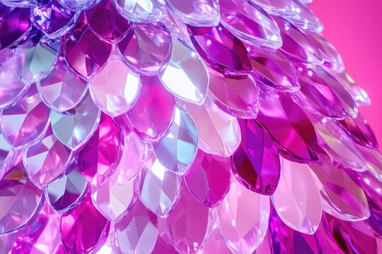Close-up of layered, iridescent, translucent scales in shades of pink and purple