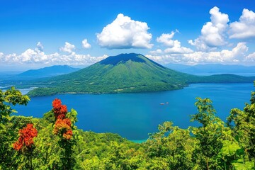 Panoramic view of a volcanic island. Lush green island in a turquoise lake, vibrant foliage, majestic mountain peak, clear blue sky with puffy clouds