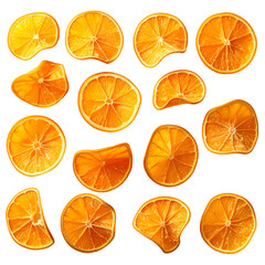Obraz premium Isolated, evenly spaced orange slices on black background, varying in shape, all showing textured detail