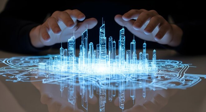 Hands hovering over a holographic city model with glowing blue skyscrapers and street grid - Powered by Adobe