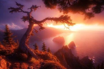 Dramatic sunset over coastal mountain range with gnarled tree