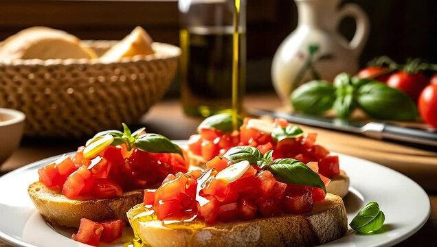 A close-up shows bruschetta slices topped with tomatoes, basil, & olive oil, in a rustic food setting