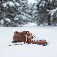 Lost Brown Leather Shoe in a Snowy Winter Landscape.