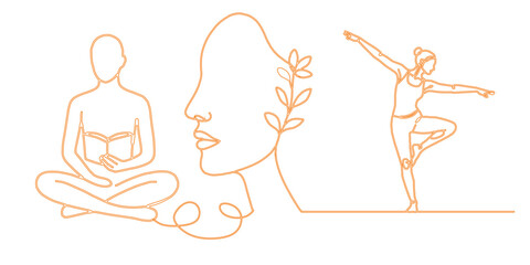 Minimal One Line Art of Yoga, Reading, and Floral Face Illustration