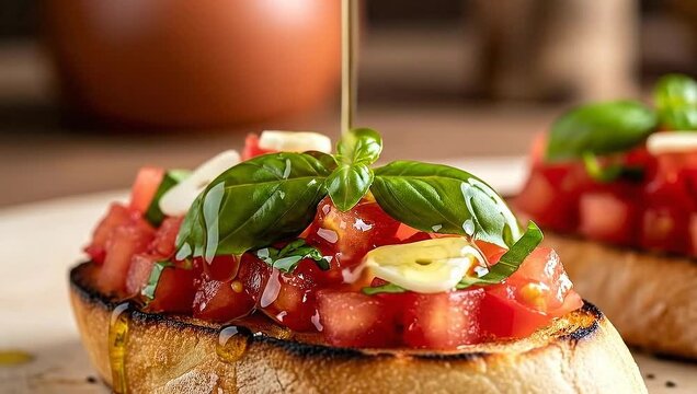 Close-up of tomato bruschetta with olive oil being drizzled, basil and garlic