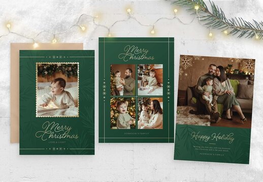 Christmas Family Greetings Card Template & Luxury Holiday Photo Card Flyer in Festive Green & Gold Hues