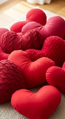 Pile of Red Heart-Shaped Pillows on a Beige Carpet.