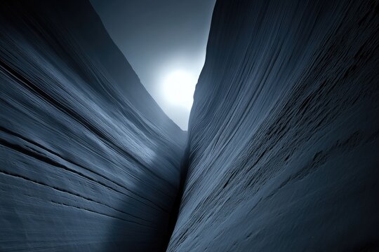 Narrow canyon walls converge, sunlit center