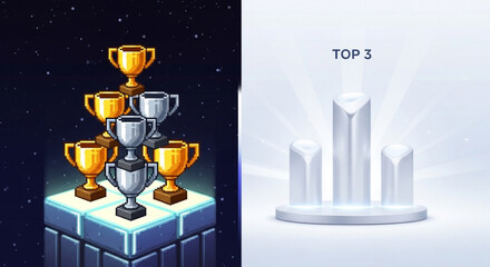 A captivating illustration showcasing a pixelated trophy tower and a sleek top 3 podium against a cosmic backdrop