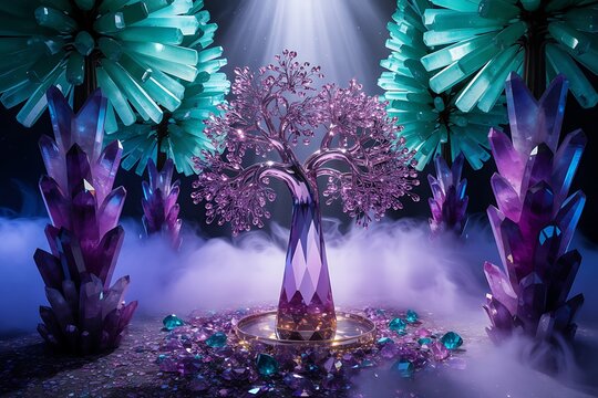 A shimmering purple crystal tree stands in a mystical forest surrounded by large glowing purple and teal crystals and swirling mist - Powered by Adobe
