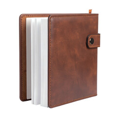 A brown leather-bound notebook with a snap closure and partially visible blank pages