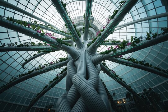 Interior view looking up at a complex, organic-shaped structure with interwoven pipes and plants under a glass dome ceiling