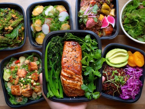 colorful assortment of healthy meal prep containers featuring grilled salmon, fresh vegetables, and vibrant sides, showcasing nutritious eating. - Powered by Adobe
