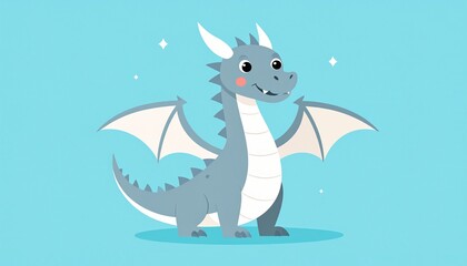 a flat design cute cartoon dragon on blue background, adorable fantasy animal character for kids