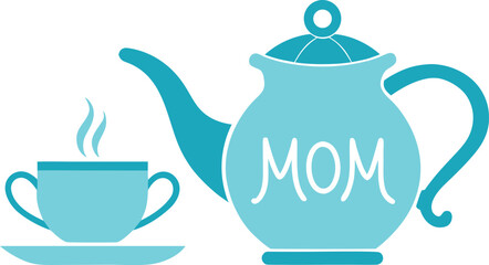 Teapot and teacup with the word mom on the teapot